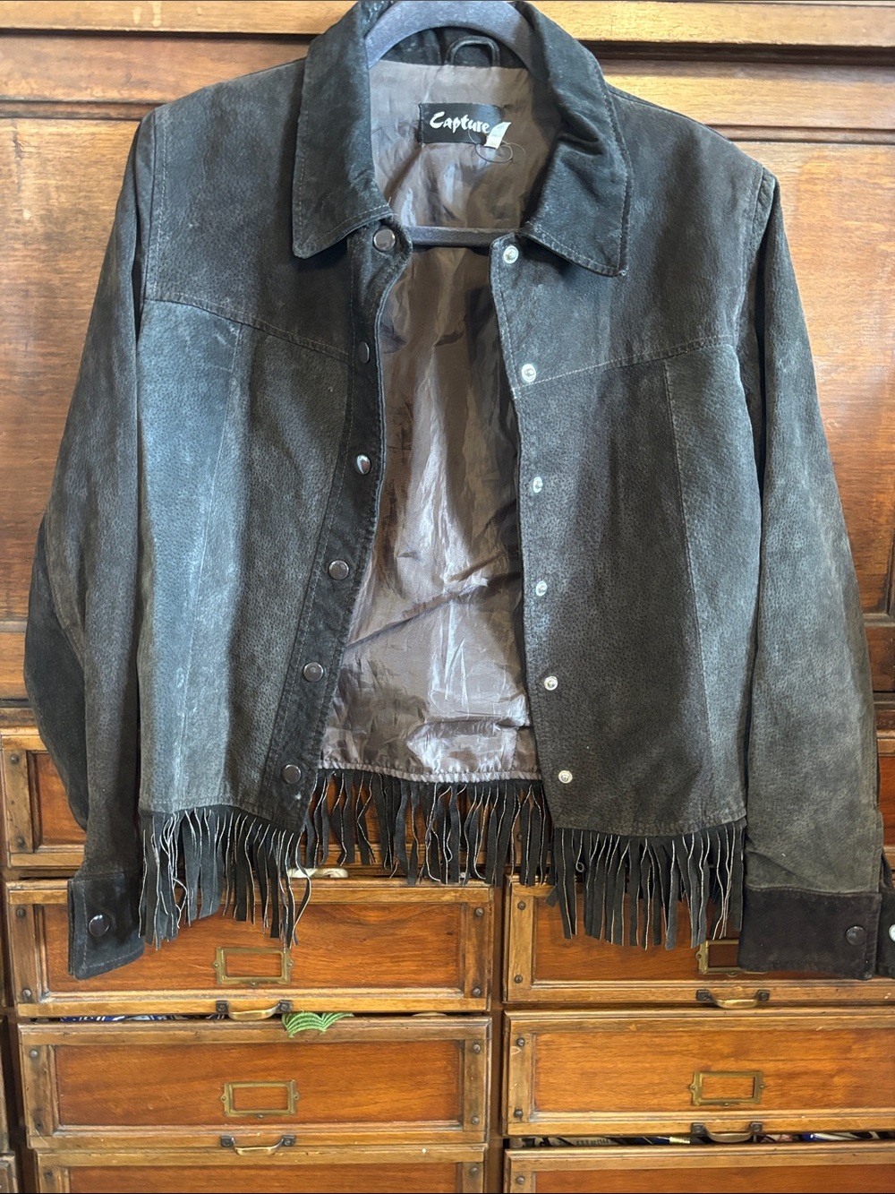 Vintage Capture Dark chocolateBrown genuine Suede Fringe leather boho 70s Jacket